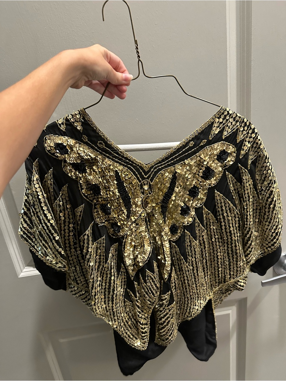 Thrifted Black & Gold Sequin Butterfly V-Neck Women’s Top
